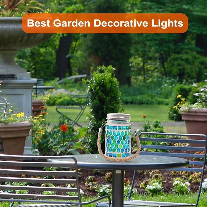 Cooo Mosaic Lanterns Outdoor Waterproof with 215% Larger Solar Panel, Never Rust Lids, True Capacity Battery- Solar Mason Mosaics Jar Lantern for Patio Garden Yard Balcony Hanging or Table (4)