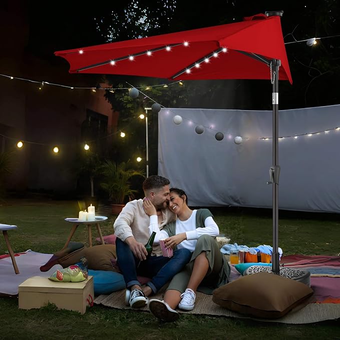 9ft Solar Half Umbrellas Outdoor - LED Half Patio Umbrella with 25 Lights, UV Protection Waterproof, Half Round Umbrella for Wall Balcony, Pool, Porch, Garden, Deck, Backyard, Red