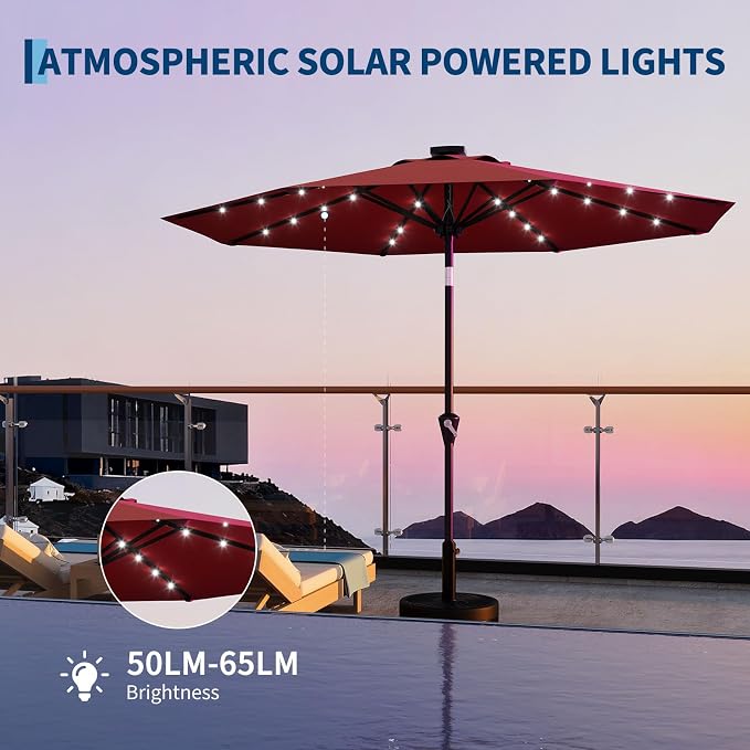 Garvee 10FT Solar Patio Umbrella with 32 LED Lights - Outdoor Table Umbrella with Crank Lift, Push Button Tilt and 8 Sturdy Ribs - Market Umbrella UV Protection for Pool, Deck, Yard, Garden -Red