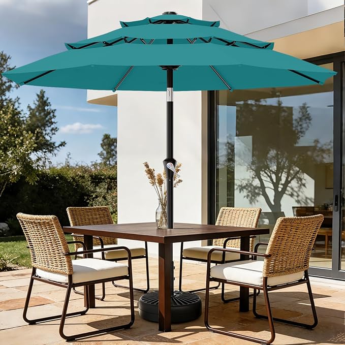 AreShark 9ft 3-Tier Patio Umbrellas, Outdoor Umbrella with 8 Sturdy Ribs UV Protection Windproof, Market Table Umbrella w/Push Button Tilt & Crank for Pool, Porch, Deck, Garden(Lake Blue)