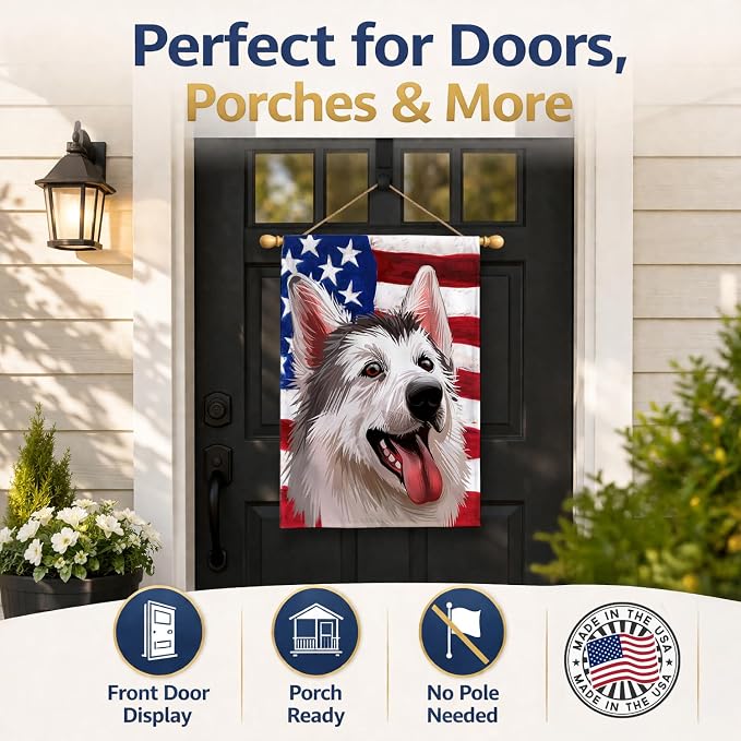 Caroline's Treasures CK6629CHF Northern Inuit Dog American Flag House Flag Large Porch Sleeve Pole Decorative Outside Yard Banner Artwork Wall Hanging, Polyester, House Size, Multicolor