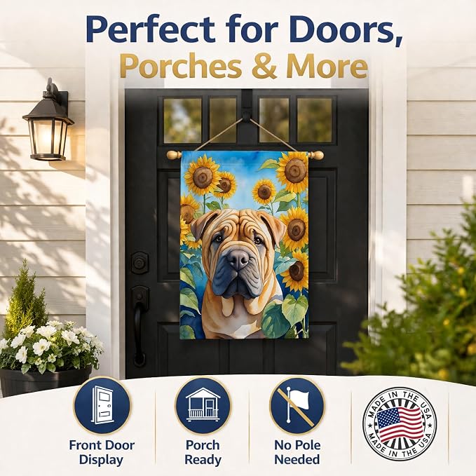 Caroline's Treasures DAC6159CHF Shar Pei in Sunflowers House Flag Large Porch Sleeve Pole Decorative Outside Yard Banner Artwork Wall Hanging, Polyester, House Size, Multicolor