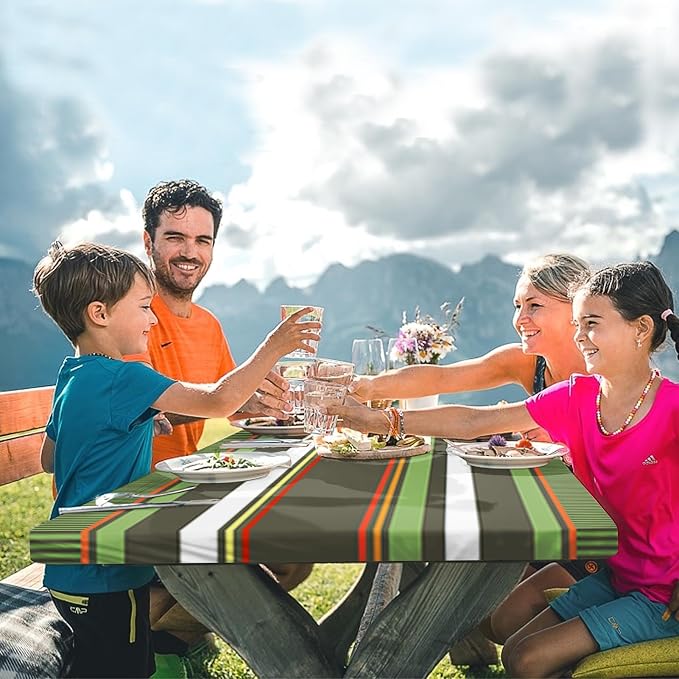 Picnic Table Cover with Bench Covers Elastic Edges, Green Tripes Camper Fitted Table Cover, Outdoor Patio Camping Essentials 72 Inch 3PCS, Waterproof Camping Fitted Tablecloth with Drawstring Bag