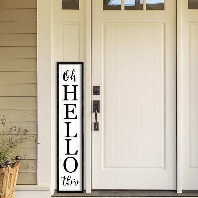 Oh Hello There Outdoor Welcome Sign For Front Porch Standing 45"X9" Large Rustic Farmhouse Vertical Tall Long Wooden Framed Outside Front Door Home Wall Decoration (Black)