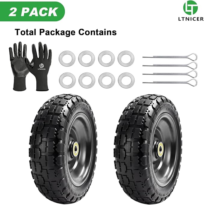 10" Flat Free Replacement Wheels for Gorilla Carts (2-Pack), 4.10/3.50-4 Solid Tires with 5/8" Axle Bore & 2.1" Offset Hub, Heavy Duty No-Flat Wheels for Garden Carts, Hand Trucks & Wagons