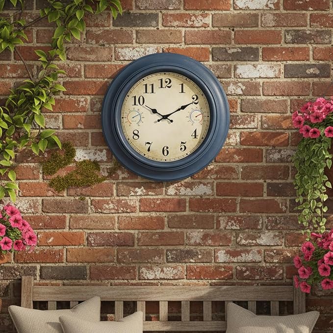 18 Inch Large Outdoor Clock with Thermometer & Hygrometer, Waterproof Coastal Indoor Outside Wall Clock for Patio, Pool, Garden, Backyard, Farmhouse Decor, Retro Blue