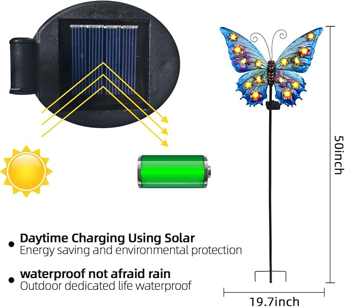 Butterfly Solar Lights Outdoor Waterproof 50.0" Large with String Bulbs and Flowers, Solar Garden Stakes Butterfly Yard Decor Gardening Gifts for Women Mom Grandma Gardeners Enthusiasts