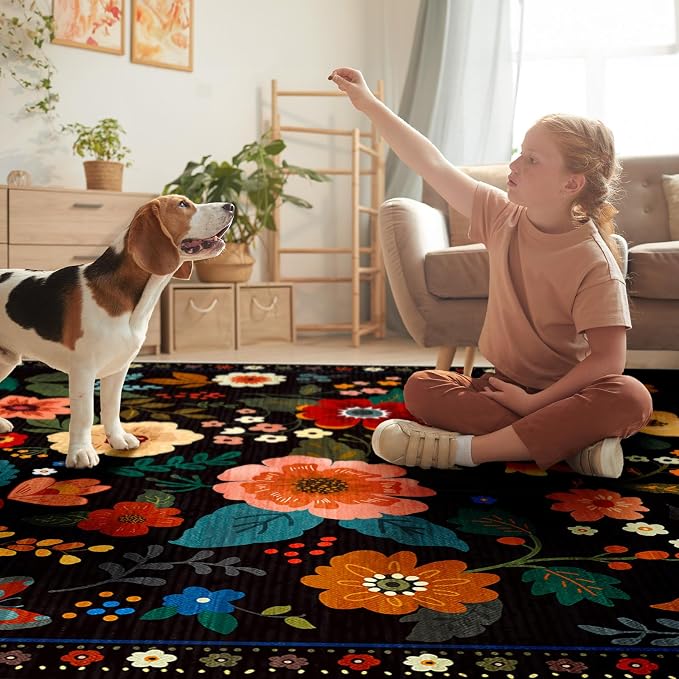 RELEANY Floral Washable 6x9 Area Rugs Black | Flower Carpet, Print, Boho, Non-Slip, Easy to Clean, Soft, Low Pile for Living Room Bedroom Kitchen Office Entryway Hallway