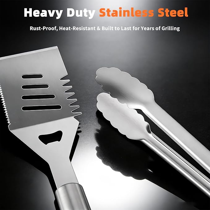 32PCS Grill Accessories Set Grilling Gifts for Men, 16 Inches Heavy Duty BBQ Accessories, Stainless Steel Grill Utensils Set with Thermometer, Grill Tools for Backyard Camping for Men Women - Sliver