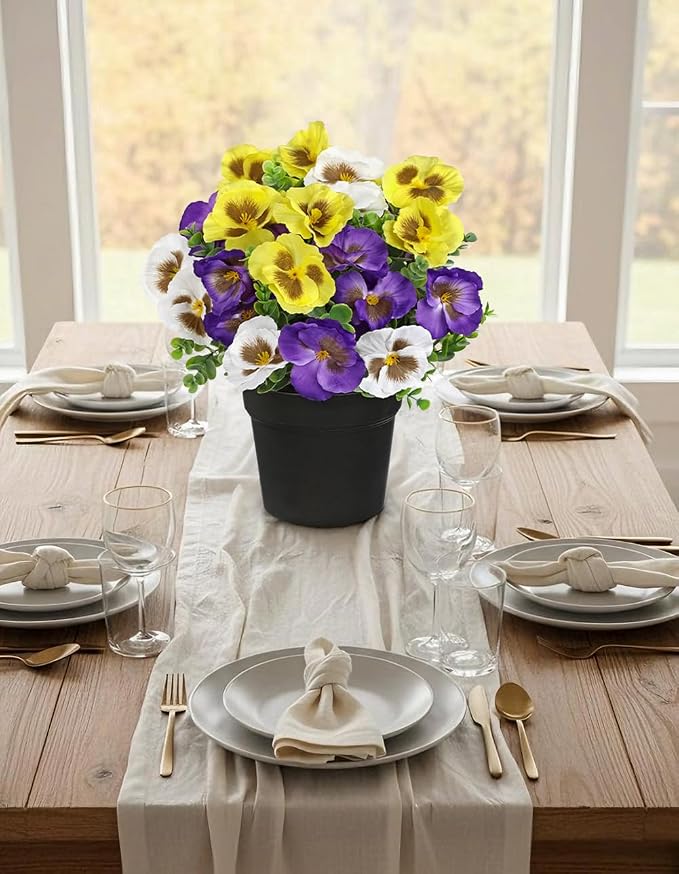 Briful Pansy Artificial Flowers, 13.7’’ Realistic Faux Pansy Flower in Black Pot, Fake Flowers for Indoor Outdoor Decor, Farmhouse Table Decor, All Seasons Flowers for Home Dining Porch Décor