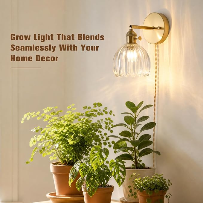 Wall Mounted Grow Lights for Indoor Plants with Vintage Tulip Glass Shade, Switch and Power Cord, Decorative Hanging Plants Light for Growing