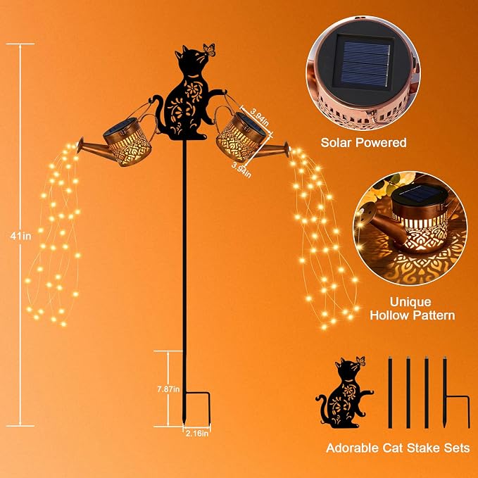 2 Pack Solar Watering Can Lights Waterproof, Metal Hanging Lantern Lights with Cat Silhouettes Stakes, Outside Garden Decor for Yard Patio Pathway, Gifts for Women Mother's Day Cat Lover Warm White