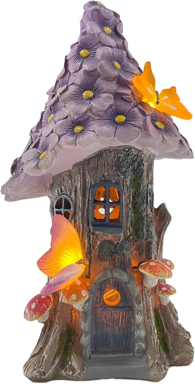 COWOS Mushroom House Statue, Garden Decor Outdoor Solar Statues, Solar Garden Statue Lights, Fairy Garden Decorations, Mushroom Fairy House Figurine with Butterflies and Flowers for Yard Decor