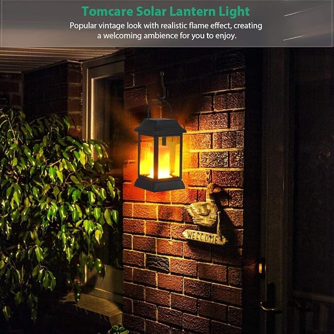 TomCare Solar Lights Metal Flickering Flame Solar Lantern Outdoor Hanging Lanterns Decorative Lighting Heavy Duty Solar Powered Waterproof Umbrella Lighting for Garden Yard Patio Deck, 4 Pack(Black)