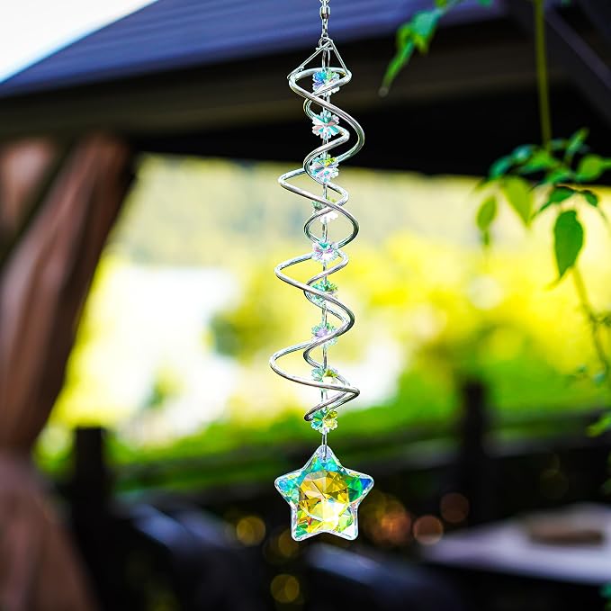 21 Inch Crystal Spiral Wind Spinner Gazing Ball Suncatcher Decor | Crystal Suncatcher Spiral Gazing Ball with Rainbow Maker Hanging Wind Spinner for Window Garden Porch Christmas Decor