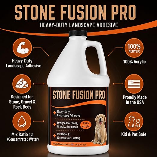 Stone Fusion Pro Stone Glue, 1 Gallon – Heavy-Duty Landscape Adhesive for Decorative Stone, Gravel & Rock Beds, 100% Acrylic Rock Binder, 1:1 Mix, Kid & Pet Safe, Made in USA