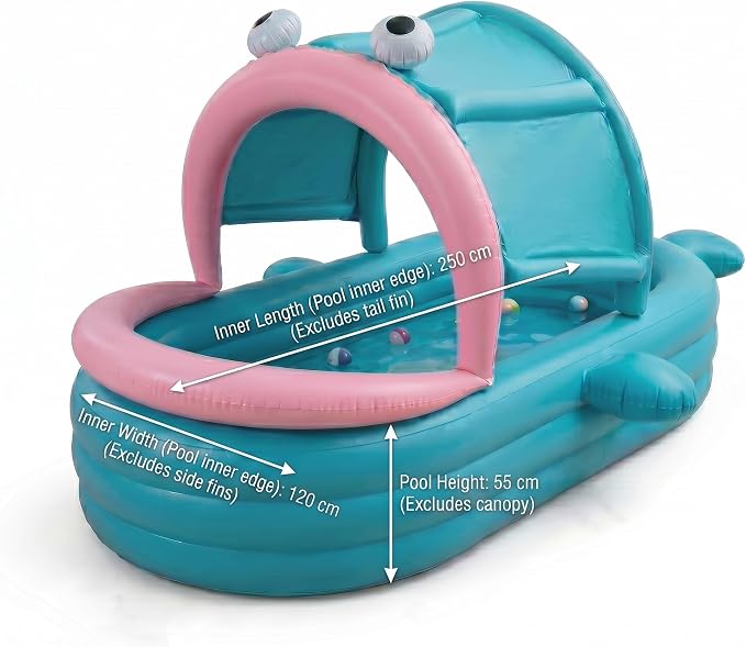 Inflatable Kiddie Pool with Canopy, Giant Fish Blow Up Pool for Kids Toddlers Adults, Thickened PVC Family Pool, 3 Air Chambers, 112"×65"×22" Backyard Summer Splash