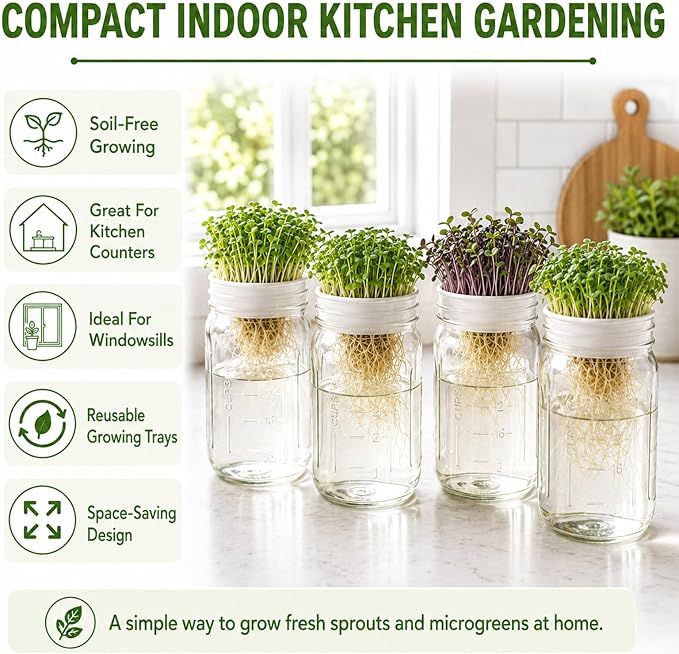 Microgreens Growing Trays for Standard Mouth Mason Jars, 4-Pack | Microgreens Growing Kit (2 Deep, 2 Shallow) | 2.44-Inch indoor Hydroponic Sprouting trays for Pea, Mung Bean, Sunflower &More