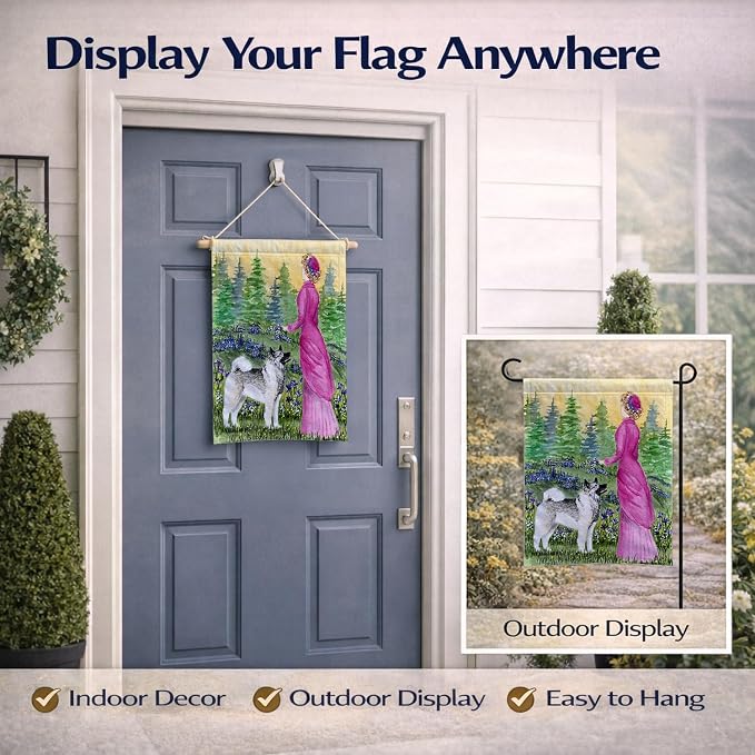 Caroline's Treasures SS8154GF Lady with her Norwegian Elkhound Garden Flag Mailbox Flag Decorative Yard Flag Banner Outside Patio Artwork Yard Flower Beds, Garden Size, Multicolor