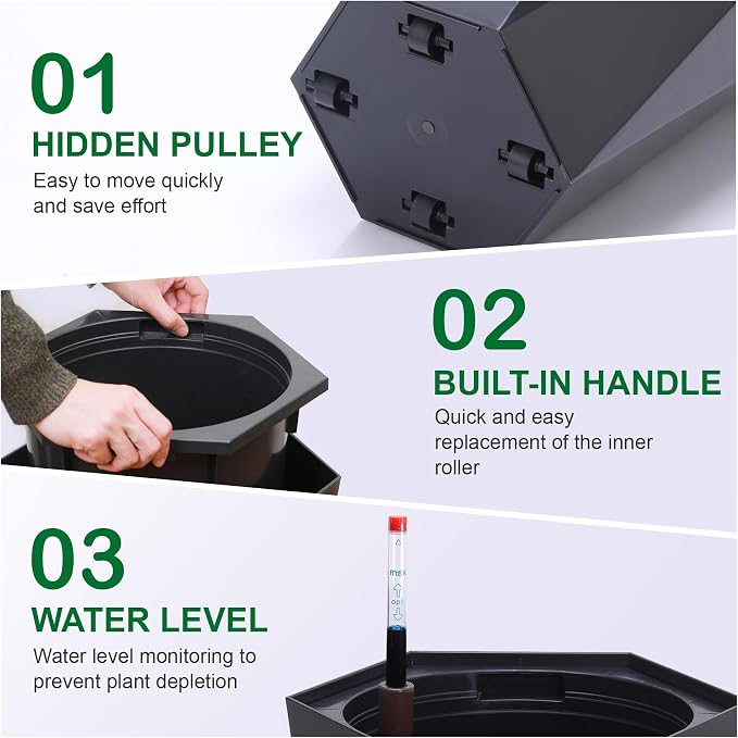 Set of 2 Tall Planters for Outdoor Plants, 22.5" Large Planter Pots with Drainage Holes & Water Level Monitor, Self-Watering Flower Pots for Patio, Porch, Garden, Front Door Decor, Indoor Outdoor