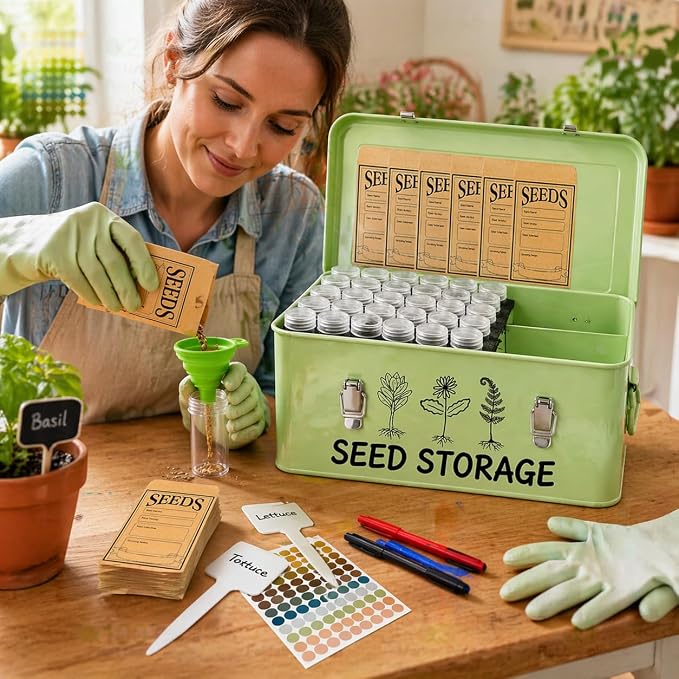 Metal Seed Storage Box Organizer with 3 Compartments, Safety Lock Lid Bin Seed Bottles Envelopes, Plant Labels, Foldable Funnel Gloves,Portable All-in-One Seed Saving Tin for Gardeners Beginners