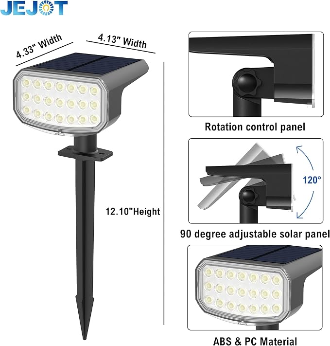 JEJOT Solar Lights Outdoor Waterproof IP65, Super Bright LED with Lens, 3000K 2 Lighting Modes, Solar Powered Yard Garden Solar Spot Lights for Outside Landscape Auto On/Off -6 Pack