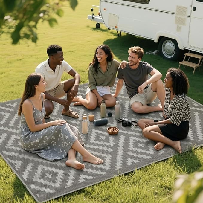 RURALITY Outdoor Rugs 5x8 Feet for Patios Clearance,Plastic Straw Waterproof Mats for Backyard,Porch,Deck,Balcony,Coffee&Beige