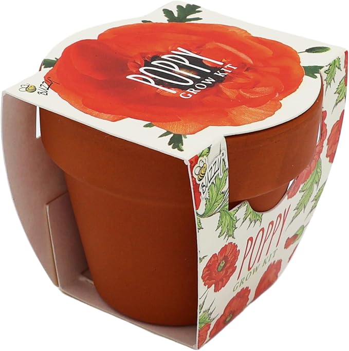 BUZZY Seeds Poppy Grow Kit 12-Pack - Mini Terracotta Pot Grow Set - Complete Indoor/Outdoor Gardening Kit with Seeds, Coconut Husk Growing Medium & Genuine Pots - 100% Grow Guarantee