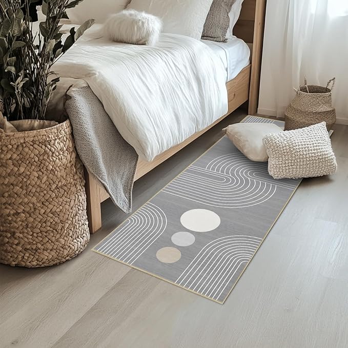 Boho Runner Rug 2x6 Modern Geometric Abstract Rug for Hallway Kitchen Bedroom Grey Mid Century Modern Runner Machine Washable Non-Slip Printed Low-Pile Long Floor Carpet for Bathroom Laundry Gray