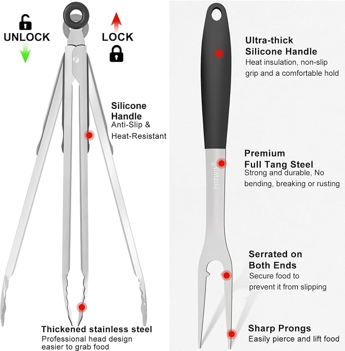 15.8" Heavy Duty Grill Set - Stainless Steel BBQ Tools with Spatula, Tongs & Fork, Professional Grilling Gifts for Men, Outdoor Barbecue Tool Set