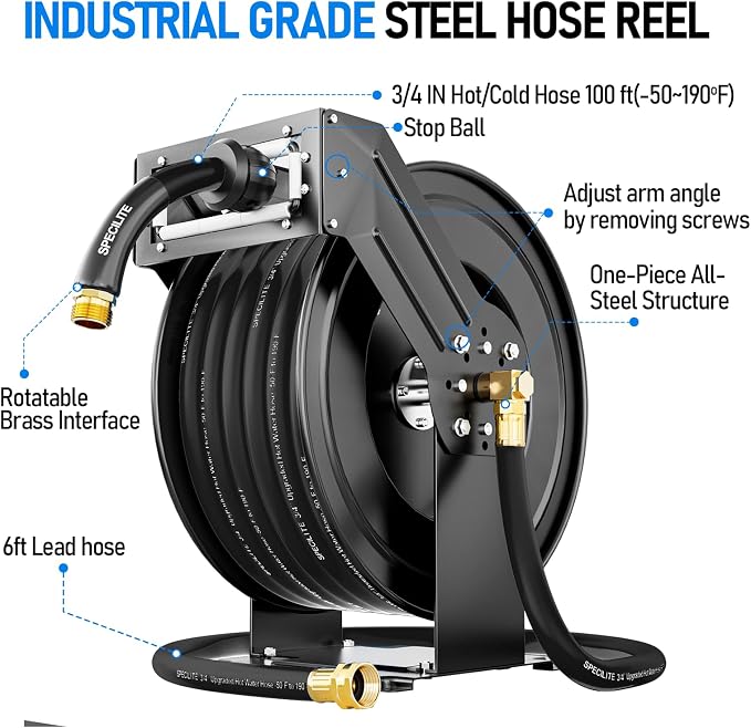 SPECILITE Retractable Hose Reel with 3/4'' Hot/Cold Garden Water Pipe 65ft, -50℉ -190℉, Heavy Duty Metal Wall Mount Spool, with 6ft Lead Hoses, Nozzle, 3/4'' Brass Fittings for Garage, Yard, Black