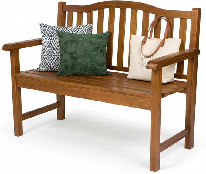 Shine Company Belfort Outdoor Solid Wood Patio Garden Bench, Ergonomic Seat, 22" D x 44.75" W x 36" H, Oak