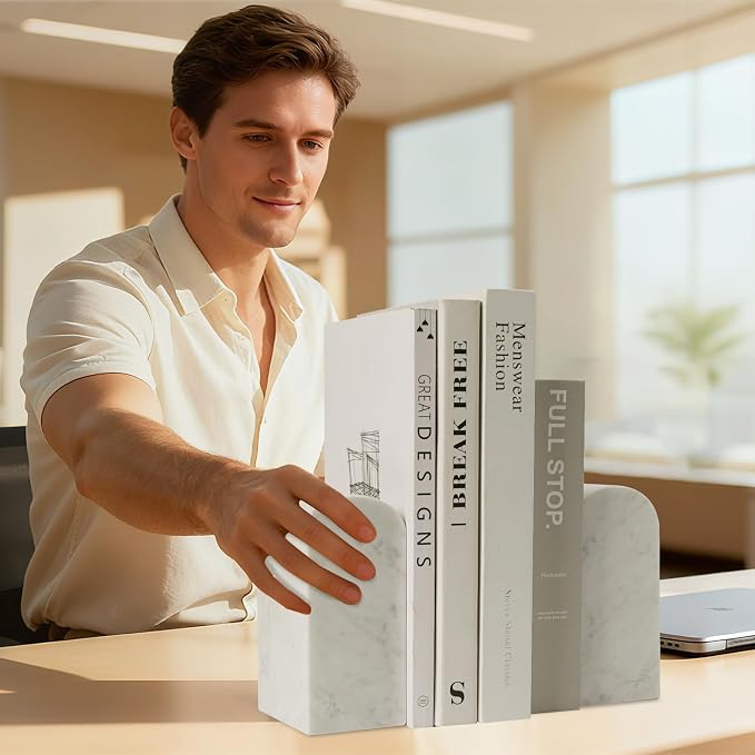 Marble Bookends for Shelves, Decorative Book Ends, 13lbs Heavy-Duty Marble Book Holders, Stone Bookshelf Decor, Carrara White