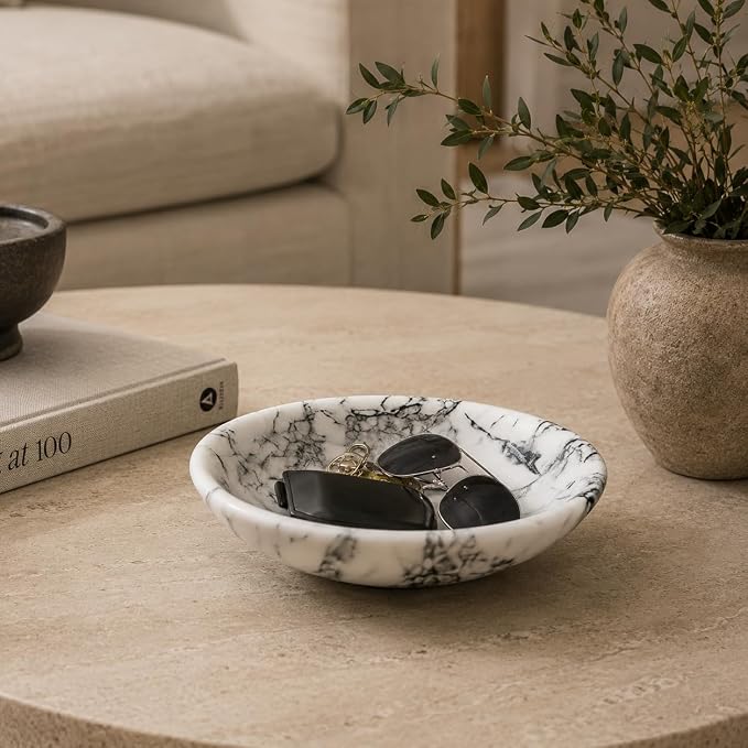 Marble Decorative Bowl Large White, Handcrafted Natural White-Grey Stone Bowl for Home Decor, 11" Large Entryway Bowl for Key, Coffee Table Bowl, Marble Fruit Bowl for Centerpiece