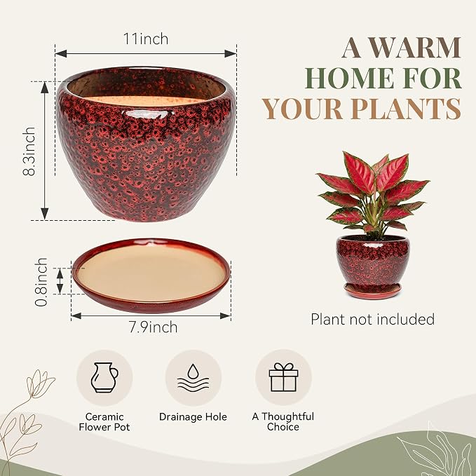 11 Inch Ceramic Plant Pot with Drainage Hole Mesh Net, Large Gardening Pots for Indoor Plants with Saucer, Speckle Red