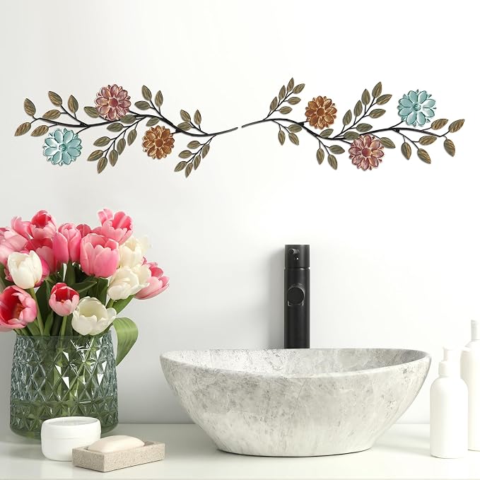 MorningRo 2 Pcs Metal Flower Leaves Wall Art Spring Wall Decor Living Room, 15.75 Inch Vintage Rustic Branch Leaf Wrought Iron Scroll Art Decor for Summer Bedroom Indoor Outdoor Decorations(Colorful)