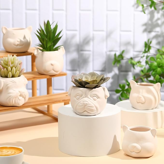 Hushee 12 Sets Ceramic Succulent Planters Paintable Succulent Plant Pots Small DIY Figurines Unpainted Pots with Drainage Hole Color Paints Paintbrushes Palettes
