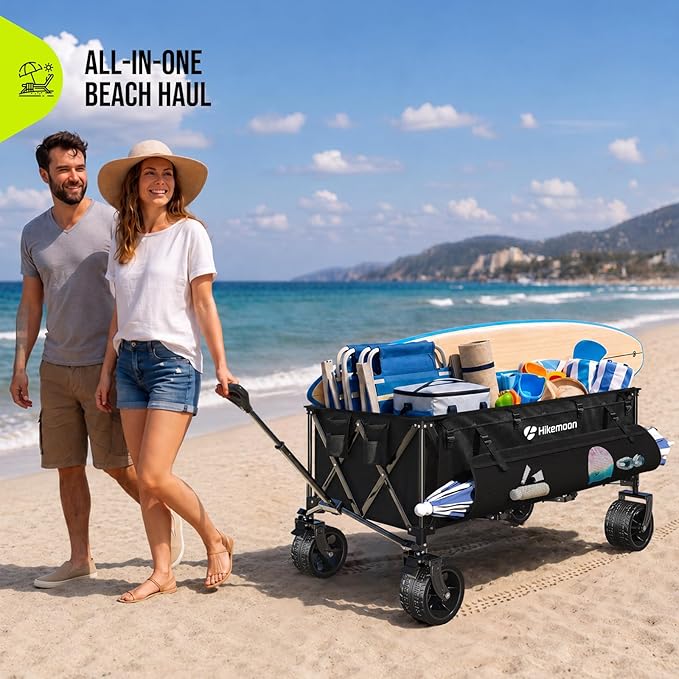 Hikemoon 400L Ultra Large Collapsible Wagon with Big Wheels - Black | Extra Long, Wagons Carts Foldable, Heavy Duty, Utility Folding Cart, All-Terrain, Beach, Camping, Grocery, Sports, Garden