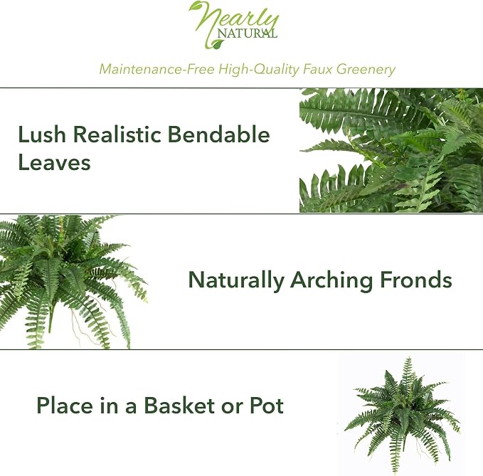 Nearly Natural 40in Boston Fern Artificial Plant, Large Hanging Fake Plant with 56 Long Realistic Fronds, Maintenance-Free Faux Fern for Office and Home Decor