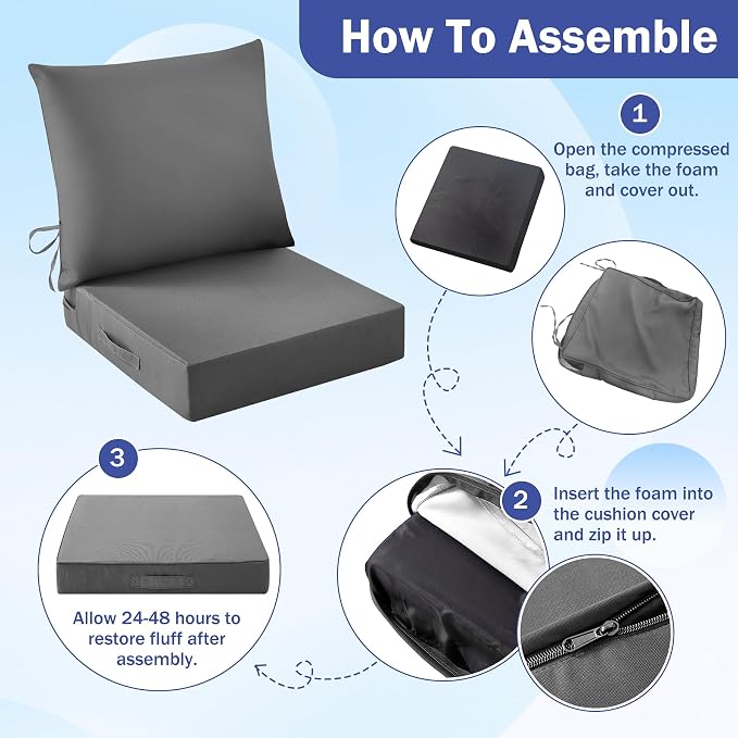 Outdoor Chair Cushions, 24 x 24 Inch Outdoor Cushion for Patio Furniture, Patio Chair Cushion, Waterproof & Fade Resistant Deep Patio Furniture Cushions Set with Handle and Ties, Dark Grey (Set of 4)