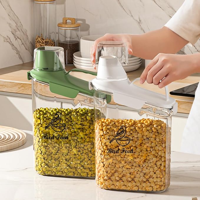 Bird Seed Storage Container Portable-3 Qt/2.8 L Clear Pet Food Container-with Measuring Cup/Lid,Airtight Wild Bird Seed Dispenser for Storing Sunflower Seed|Squirrel proof|BPA Free-White