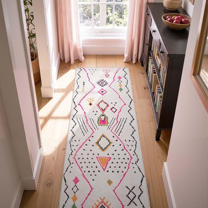 jinchan 2x6 Runner Rug Hot Nerd Boho Geometric Washable Hallway Rug, Beige | Tribal Inspired, Irregular Lines, Diamond Accents, Washable, Soft Touch, Non-Slip, Low Pile, Entryway, Kitchen, Bedroom
