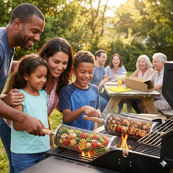 Rolling Grill Basket; 2 PCS; Stainless Steel; Nesting BBQ Tools; Grill Basket for Vegetables, Shrimp, Fish & Meat – Rotating BBQ for Outdoor Cooking and Grilling Accessories