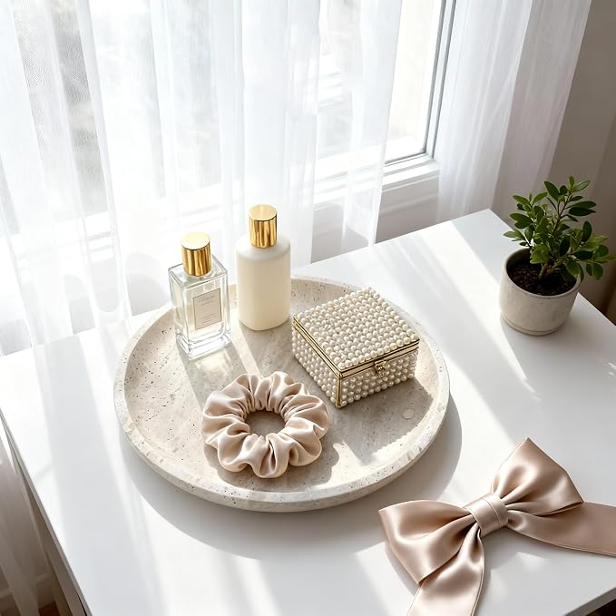 Vanity Tray for Bathroom, Dresser, Counter, Home Decor 10.24” D x 1.18”H Travertine Round Decorative Tray for Candles, Perfumes, Jewelry, Plants Natural Stone Organiser Dish Beige (NS053)