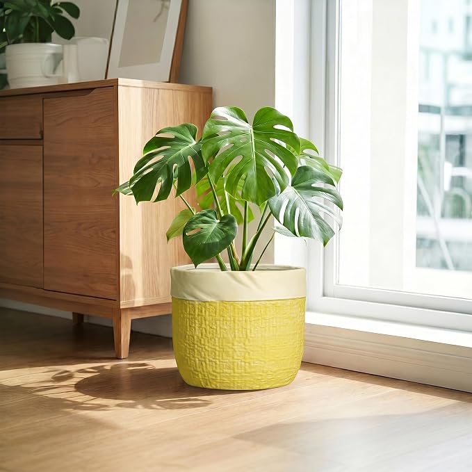 Ceramic Plant Pots - 9.8 Inch Plant Pots for Indoor Plants, Round Planter with Drainage Hole and Plug, Boho Pot for Plants, Decorative Flower Pot, Front Porch Decor, Gardening Gifts, Yellow