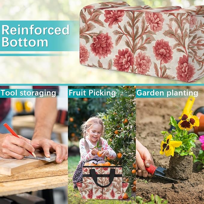 Garden Tote Bag with 10 Pockets Vintage Flowers Heavy Duty Gardening Bags for Tools Organizer Storage Bag with Handle for Garden Lawn Yard Casual