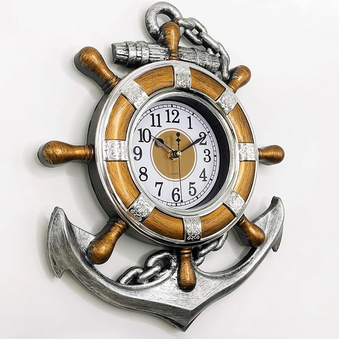 Anchor Clock- Nautical Ship Wheel Rudder Outdoor Wall Clock - Beach Sea Style Decorative Clock for Patio, Bathroom (Retro Silver+Bronze)