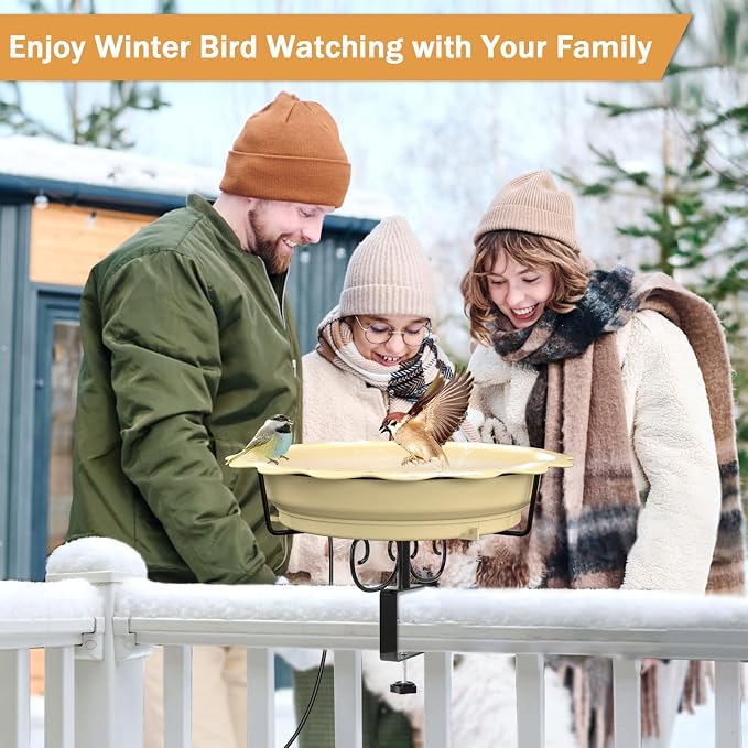 Heated Bird Baths for Outdoors, 100W Heated Bird Bath for Deck Railing, Heated Birdbath with Thermostat Control, Heated Bird Bath for Outside Winter Garden Patio Yard (Yellow)