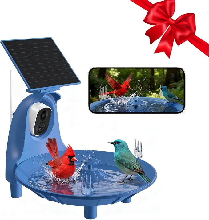 LongPlus Bird Baths Fountain Outside:Bird Bath with 2K Camera, Solar Powered Outdoor Birdbath with Color Night Vision Camera, AI Bird Identification, Ideal Gift for Nature Lover, Parent, Friend