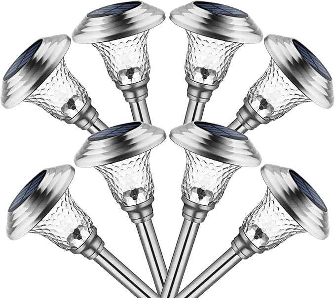 GIGALUMI 8 Pack Solar Pathway Lights, Solar Garden Lights Outdoor Warm White, Waterproof Led Path Lights for Yard, Patio, Landscape, Walkway (Stainless Steel)